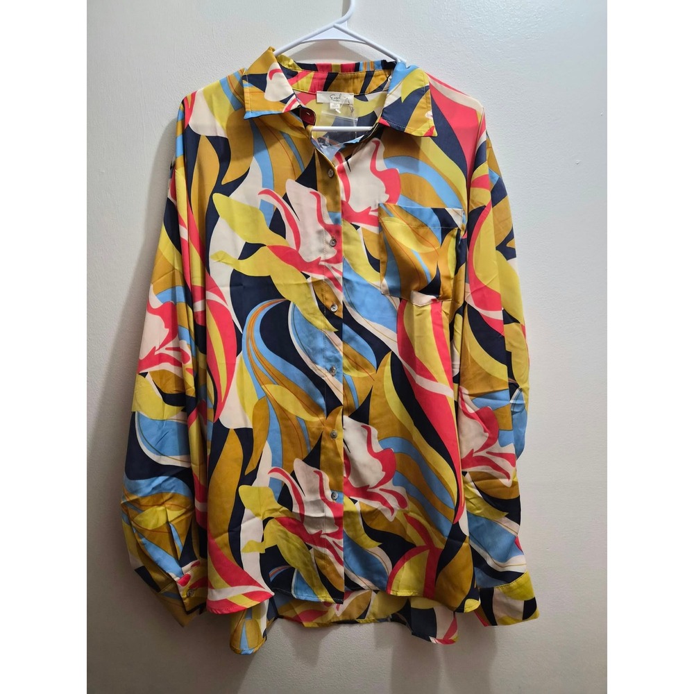 Easel Los Angeles Abstract Floral Button Down Blouse Long Sleeve Multi Color M